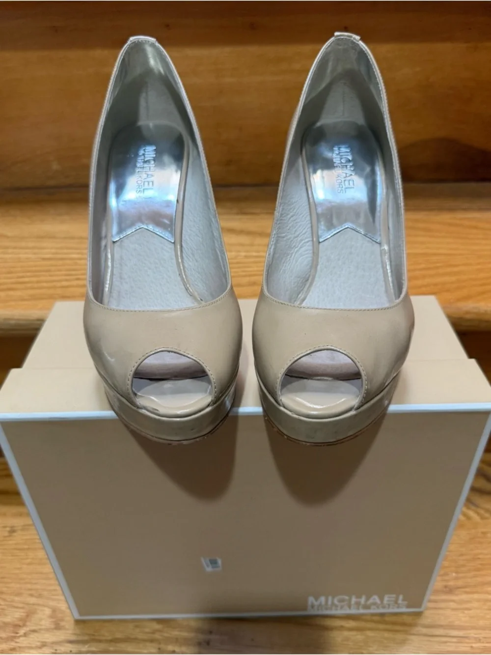 MICHAEL Michael Kors York Platform Nude Peep-Toe Patent Leather Heels